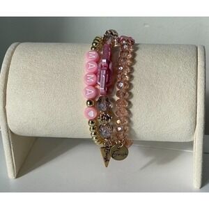 Erimish Mama Bracelet Stack Pink Gold Beaded Stretch Set NWT